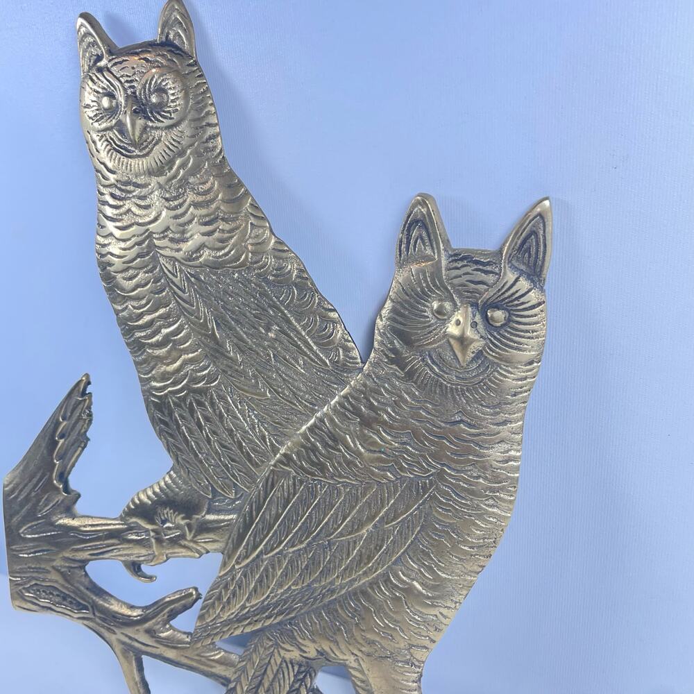 Vtg midcentury modern MCM flat solid brass owls perched on branch decor 10.5x5.5 - Picture 5 of 7